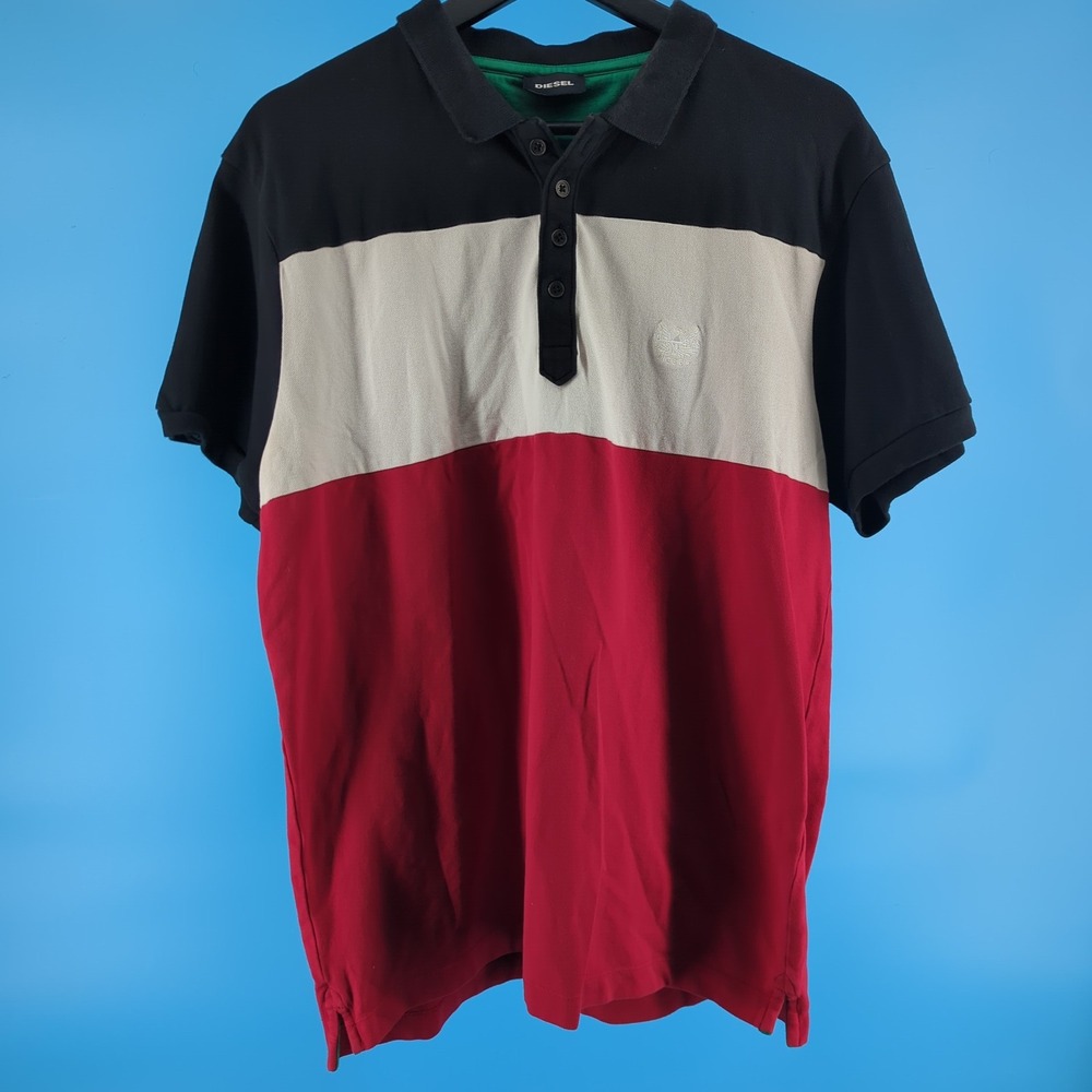 Diesel Mens Colorblock Pique Polo Shirt Black White Red XL Short Sleeve Logo